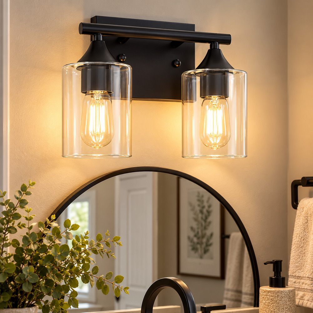 2-Light Bathroom Vanity Light – Modern Clear Glass Wall Sconce